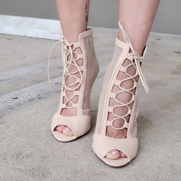 Women Ankle Open Toe High Heel Booties Lace Up Nude Color - Picture 4 of 6
